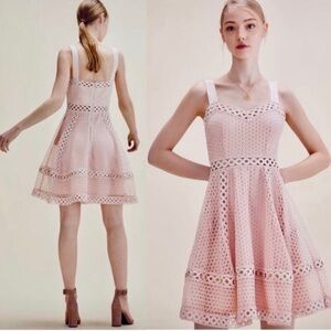 MAJE Ravi Perforated Crochet A-line Light Pink Cocktail Mini Dress Sz L
